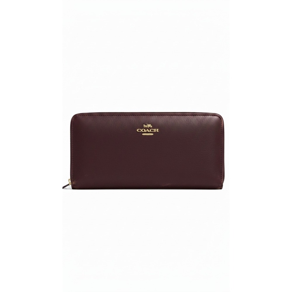 Coach Slim Bifold Wallet Large Burgundy Leather Gold Logo Zip Around #991 - Picture 1 of 8